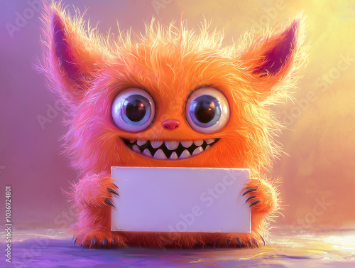 A playful orange furry creature with big eyes, holding a blank card, radiating excitement and joy.