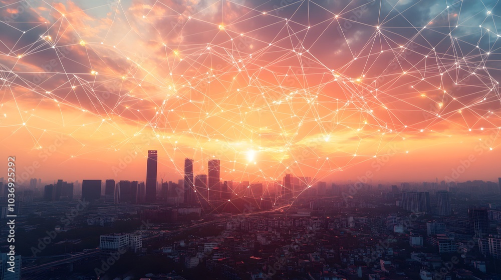 Obraz premium Lines and dots as wireless connection technology icons in the sky over city at sunset.