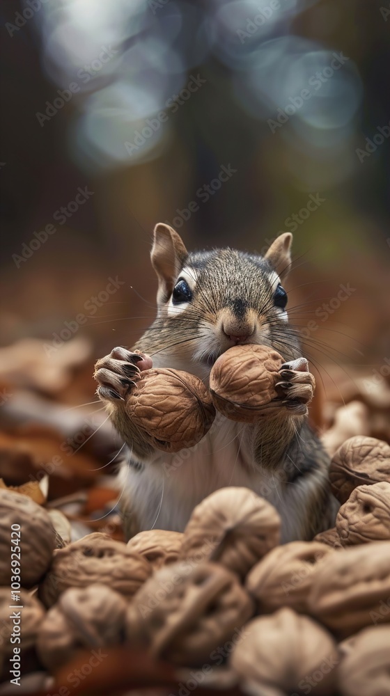 Cute Squirrel Eating Walnuts in Autumn Forest Cute Squirrel Eating Walnuts in Autumn Forest