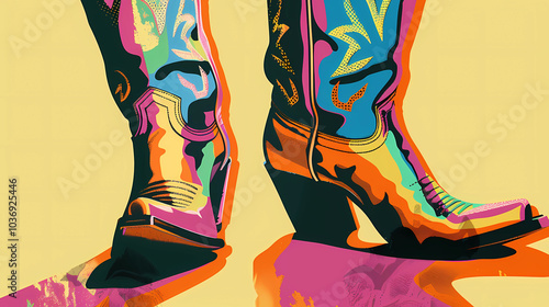 Brightly colored pop art of country western boots