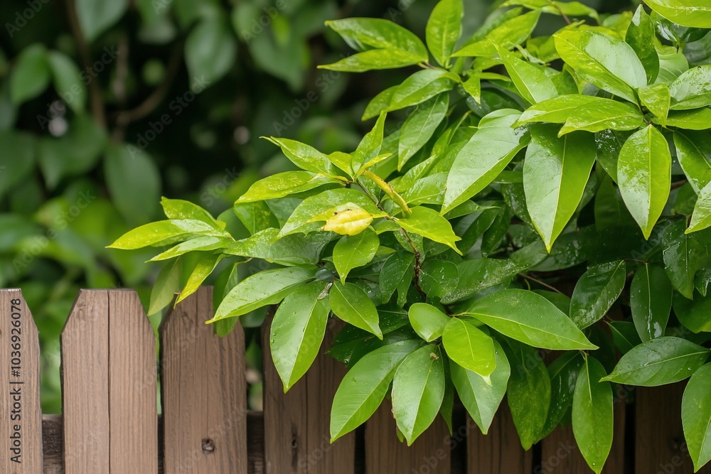 Lush green leaves partially covering a wooden fence in a garden setting. Lush green leaves partially covering a wooden fence in a garden setting.