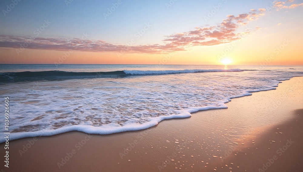 Serene beach at sunset with gentle waves lapping the shore. Serene beach at sunset with gentle waves lapping the shore.