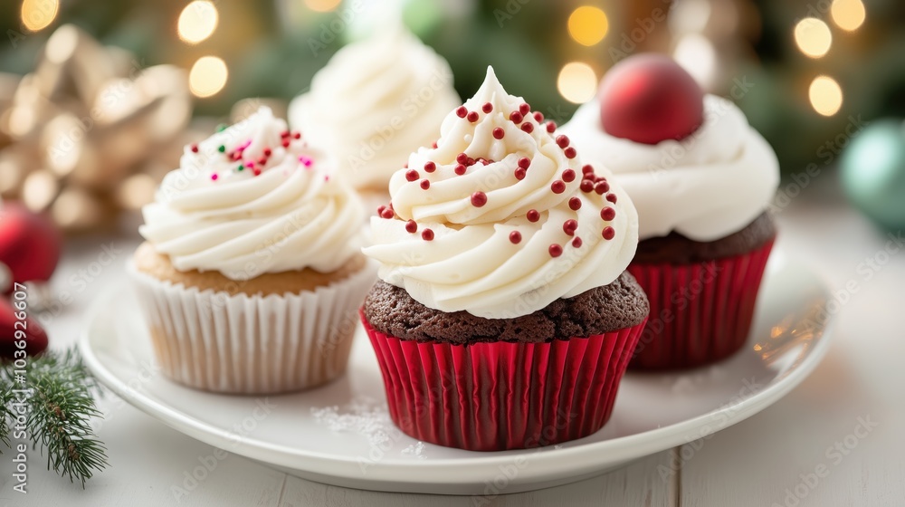 Delicious assorted cupcakes with festive toppings, perfect for holiday celebrations on a decorated table. Delicious assorted cupcakes with festive toppings, perfect for holiday celebrations on a decorated table.