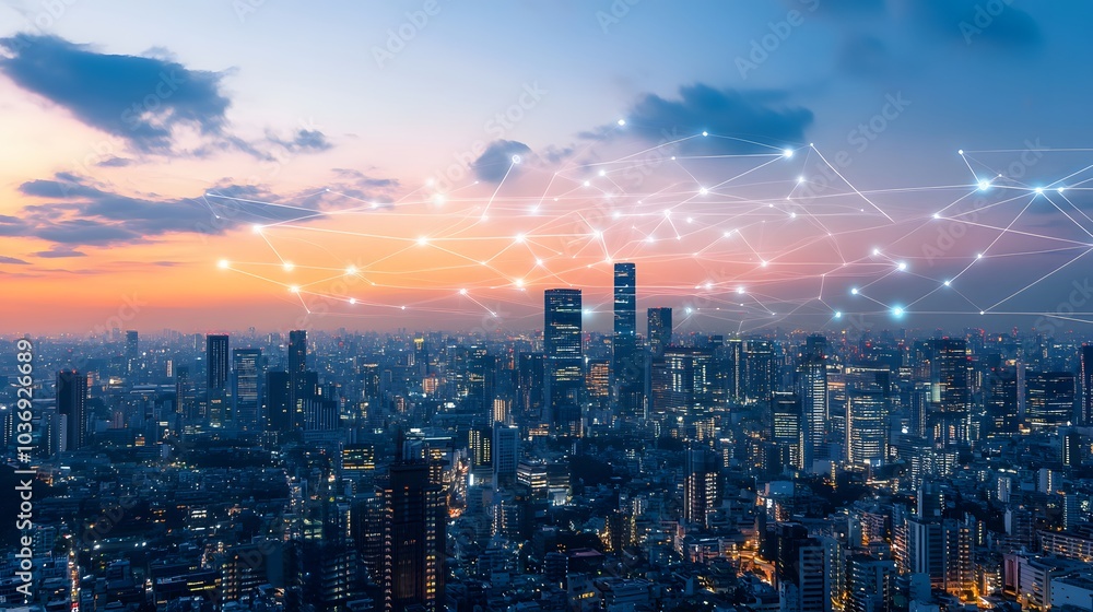 Obraz premium Wireless network and Connection technology concept with Abstract Bangkok city background in panorama view. 