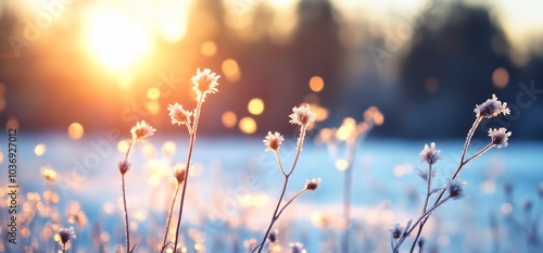 A serene winter landscape with sunlight illuminating frosted plants.