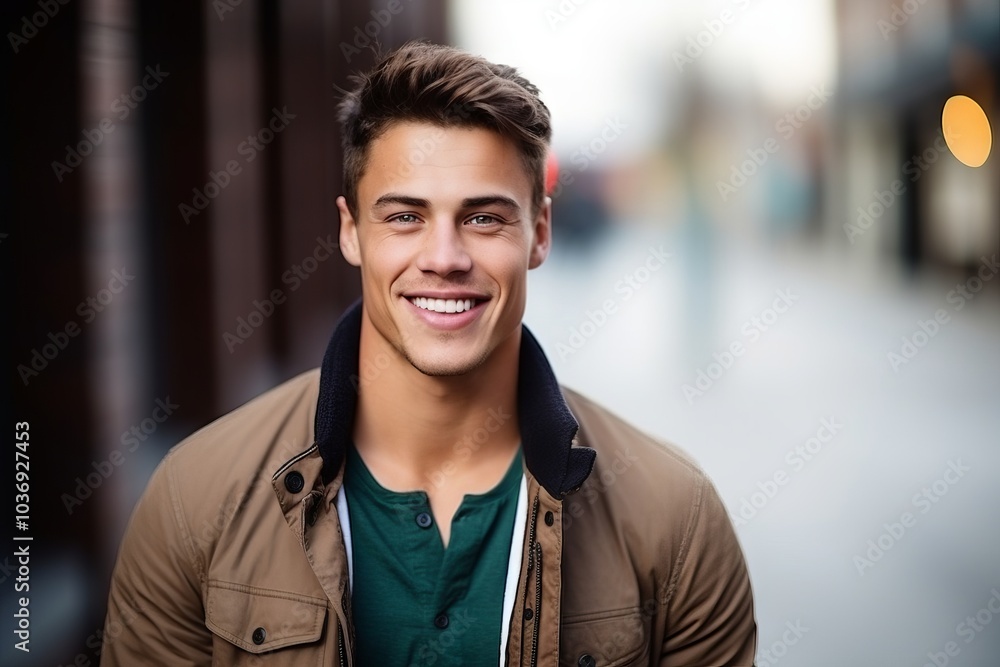 Portrait of a handsome young man smiling at the camera in the street Portrait of a handsome young man smiling at the camera in the street
