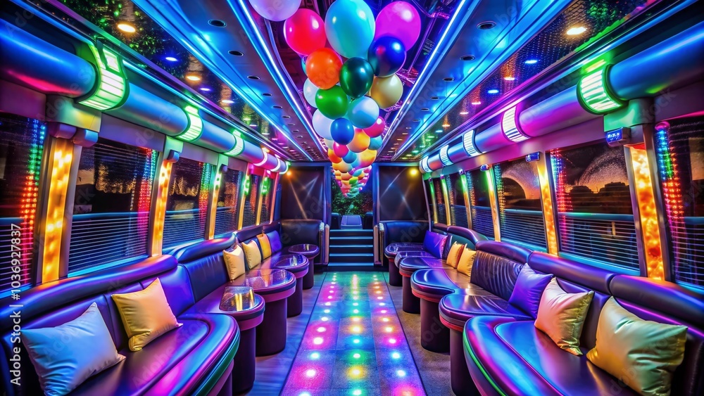 Colorful balloons and shimmering streamers fill the lavish interior of a party bus, vibrant lights illuminating the plush seats and sleek design, exuding energetic celebration atmosphere. Colorful balloons and shimmering streamers fill the lavish interior of a party bus, vibrant lights illuminating the plush seats and sleek design, exuding energetic celebration atmosphere.