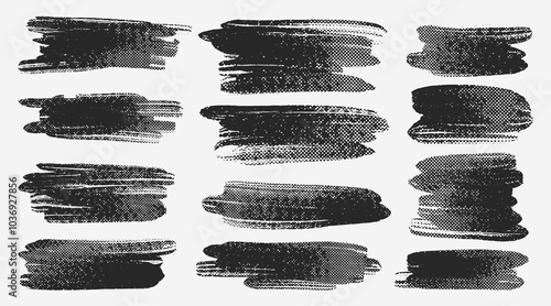 Set of paint, ink halftone brush stroke, vector brush, bold line. Collection of grunge dirty artistic design element, box, frame or background for text. Template vector halftone brush stroke texture.