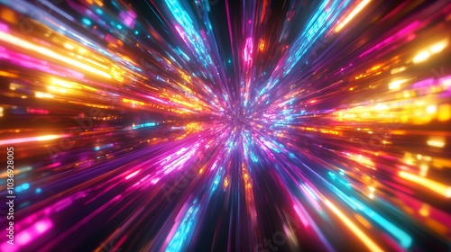 A vivid 3D render of an abstract background with glowing lines and bright neon rays creating a colorful spectrum