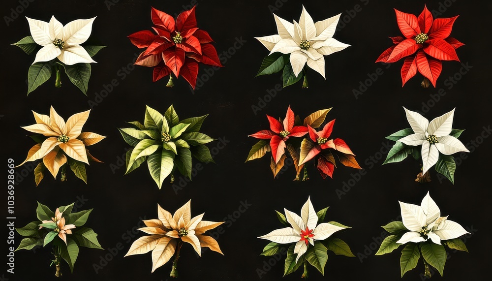 A vibrant collection of poinsettia flowers in various colors on dark background A vibrant collection of poinsettia flowers in various colors on dark background