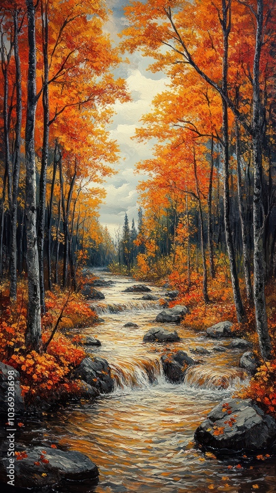 Autumn Forest Stream with Orange Leaves - Illustration Autumn Forest Stream with Orange Leaves - Illustration