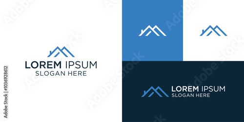 modern MF letter real estate logo in linear style with simple roof building in blue