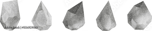 3D vector gradient geometric shapes with noise effect. Cube, cylinder, triangle, rhombus with grainy dot texture.