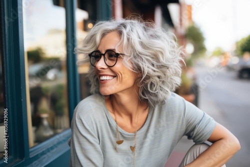 portrait of smiling mature woman in eyeglasses looking away in city