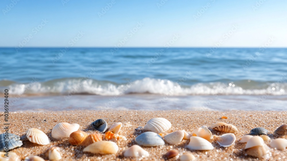 A serene beach scene with seashells on sand and gentle ocean waves. A serene beach scene with seashells on sand and gentle ocean waves.