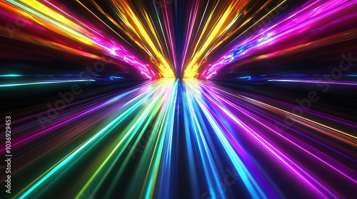 A dynamic 3D render of an abstract background with glowing lines and neon rays forming a bright colorful spectrum