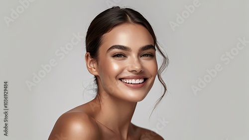 Close-up beauty girl face. Young modal woman with clean skin and nude make-up. Toned image	