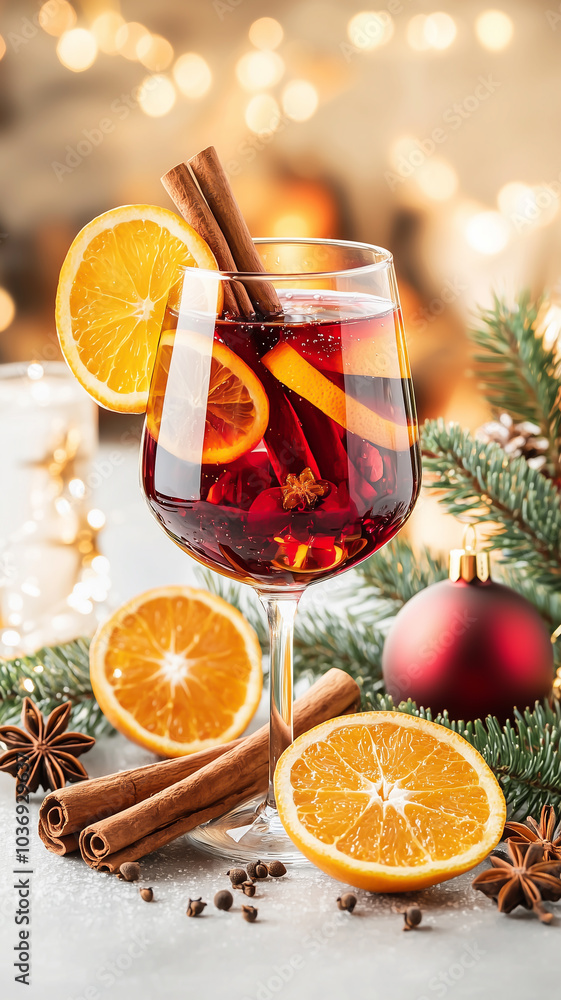A cozy glass of mulled wine with oranges, cinnamon, and spices, perfect for holiday celebrations. A cozy glass of mulled wine with oranges, cinnamon, and spices, perfect for holiday celebrations.