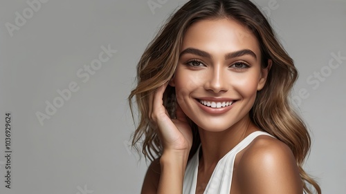 Close-up beauty girl face. Young modal woman with clean skin and nude make-up. Toned image	