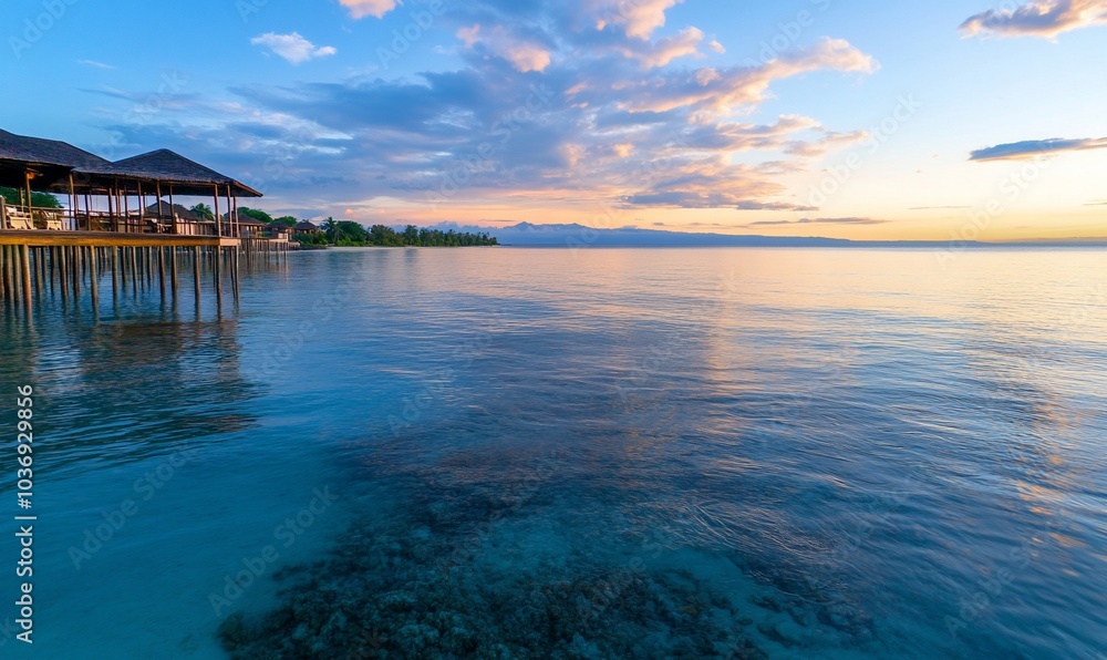 Serene coastal view at sunset with calm waters and distant mountains. Serene coastal view at sunset with calm waters and distant mountains.