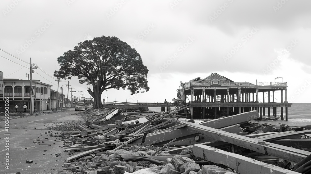 Obraz premium Coastal Town Aftermath: Debris-Laden Streets, Damaged Pier Over Turbulent Ocean, Solitary Resilient Tree Amidst Ruins