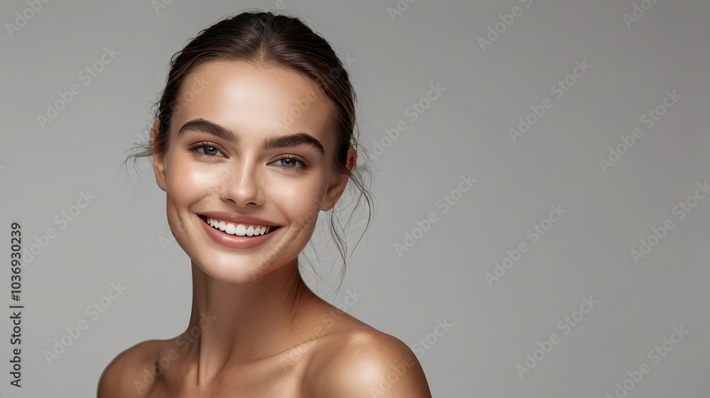 Close-up beauty girl face. Young modal woman with clean skin and nude make-up. Toned image Close-up beauty girl face. Young modal woman with clean skin and nude make-up. Toned image