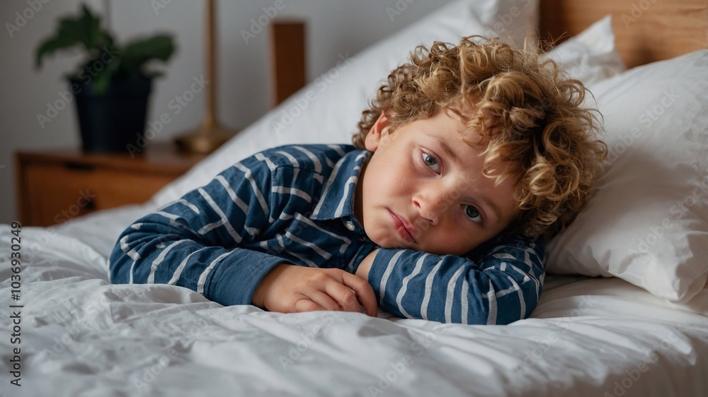 Boy lying in bed with a cold. Child sick, sad little boy with fever Boy lying in bed with a cold. Child sick, sad little boy with fever
