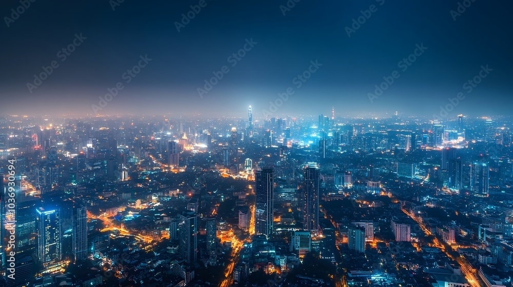 Fototapeta premium Wireless network and Connection technology concept with Abstract Bangkok city background in panorama view. 