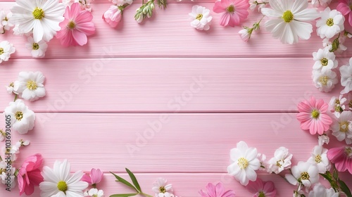 Pink flowers blossom frame on a wooden surface