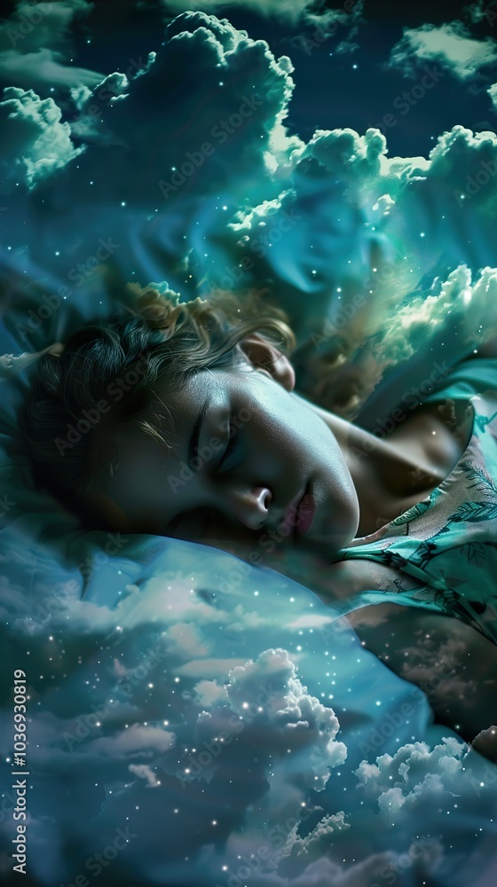 Fototapeta premium Dreamy Night Sky with Sleeping Woman - A Surreal and Tranquil Image