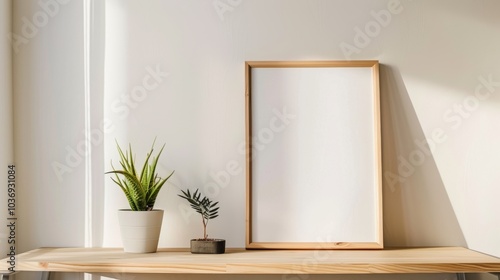 Wallpaper Mural A minimalist desk setup with white walls and wooden accents. The desk highlights a blank picture frame and a small potted plant. Bright Torontodigital.ca