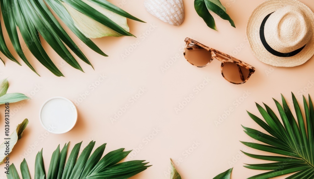 Minimalistic digital nomad workspace with laptop and tropical travel essentials Minimalistic digital nomad workspace with laptop and tropical travel essentials