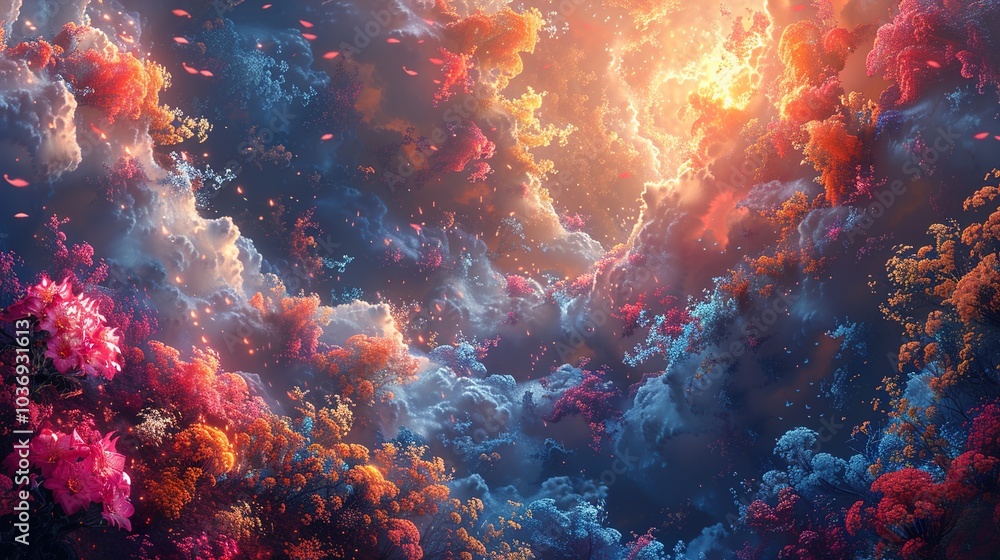 Dreamy Landscape with Colorful Clouds and Flowers Dreamy Landscape with Colorful Clouds and Flowers