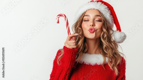 A joyful female Santa holding a candy cane and blowing a kiss, standing against a bright white background with a friendly expression.