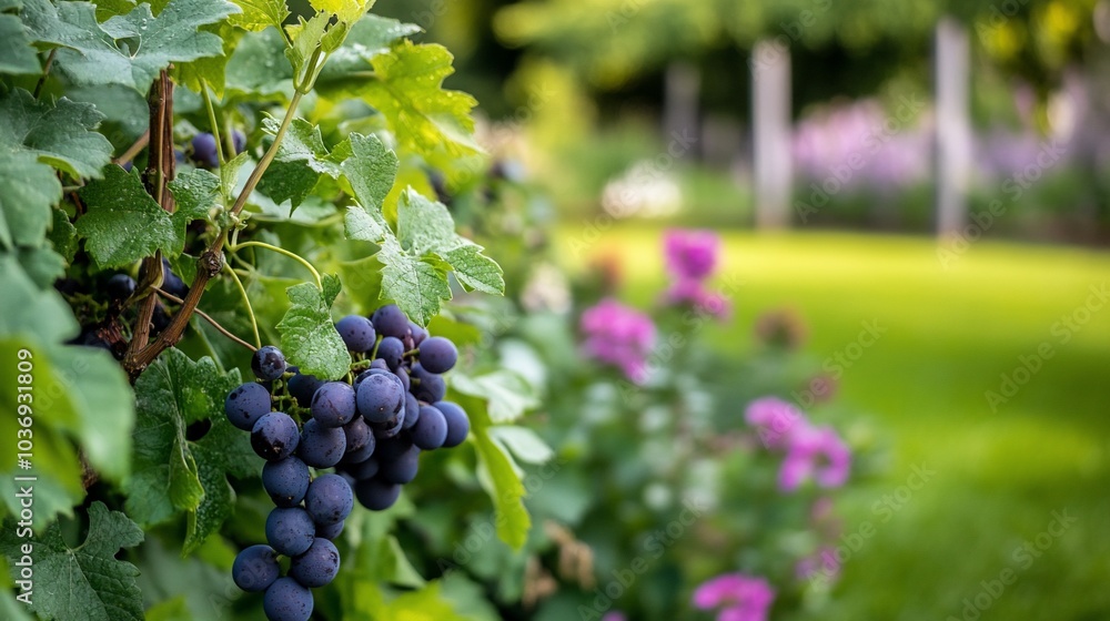 A close-up of grapes on a vine with a colorful garden background. A close-up of grapes on a vine with a colorful garden background.