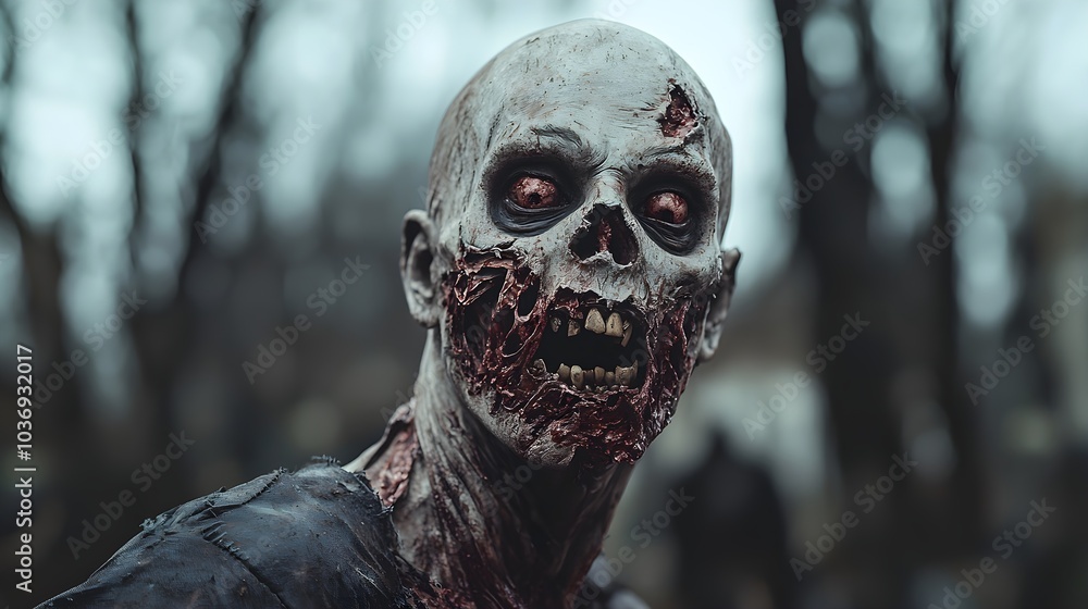 Realistic zombie with gruesome details in a dark forest setting Realistic zombie with gruesome details in a dark forest setting