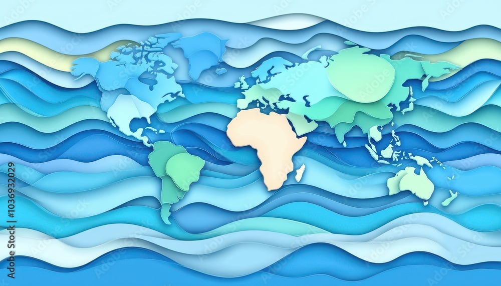 Modern abstract wave line technology design featuring a world map background Modern abstract wave line technology design featuring a world map background