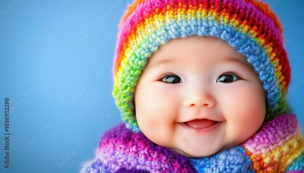 Happy Asian baby smiling in colorful clothing against a vibrant background Happy Asian baby smiling in colorful clothing against a vibrant background