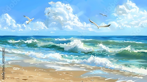 A serene beach scene with waves, sand, and seagulls under a bright sky.