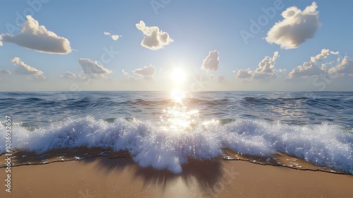 A serene beach scene with waves, sunlight, and clouds reflecting on the water.