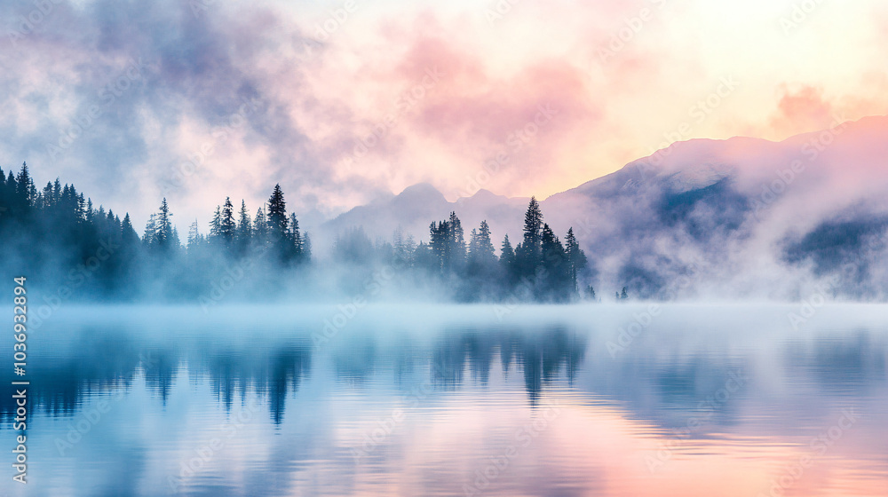 Fototapeta premium A vibrant lake at sunrise, with mist rising from the water and a peaceful ambiance.