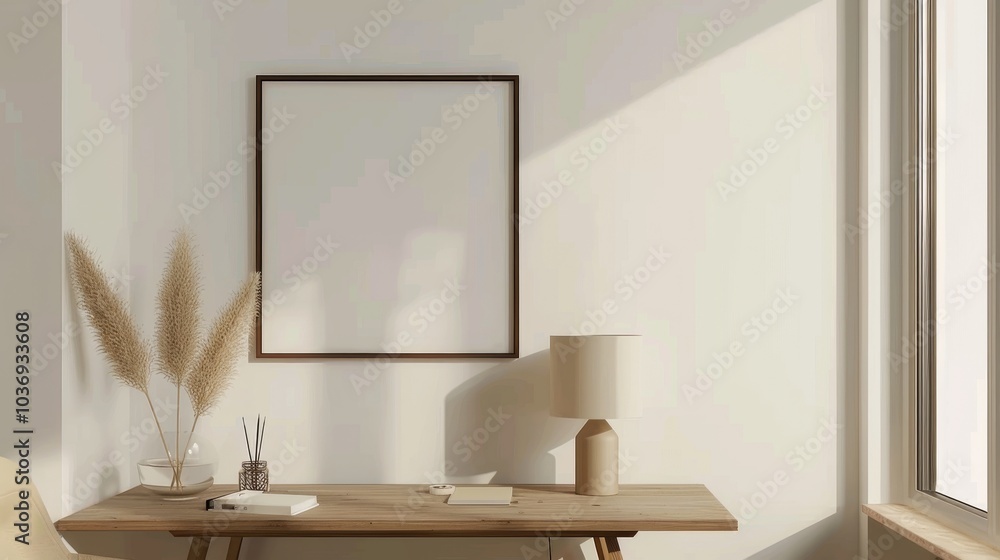 A minimalist home office with white walls and a wooden desk. The desk features a blank picture frame and a small desk lamp. Soft