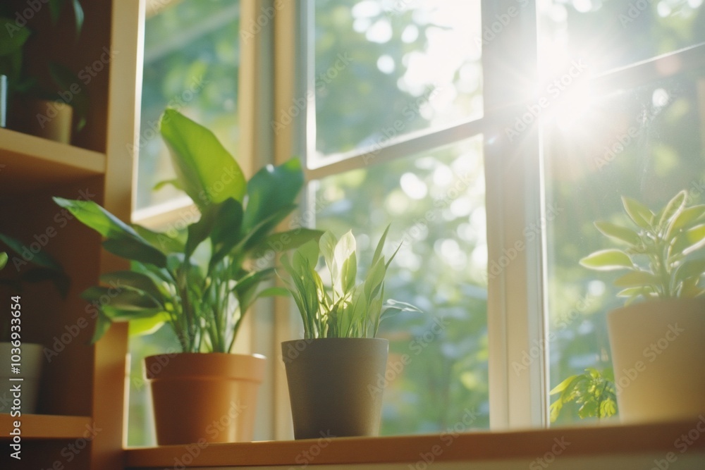 Sunlight streams through a window, illuminating potted plants indoors. Sunlight streams through a window, illuminating potted plants indoors.