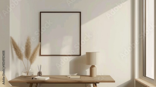 Obraz na płótnie A minimalist home office with white walls and a wooden desk. The desk features a blank picture frame and a small desk lamp. Soft w salonie