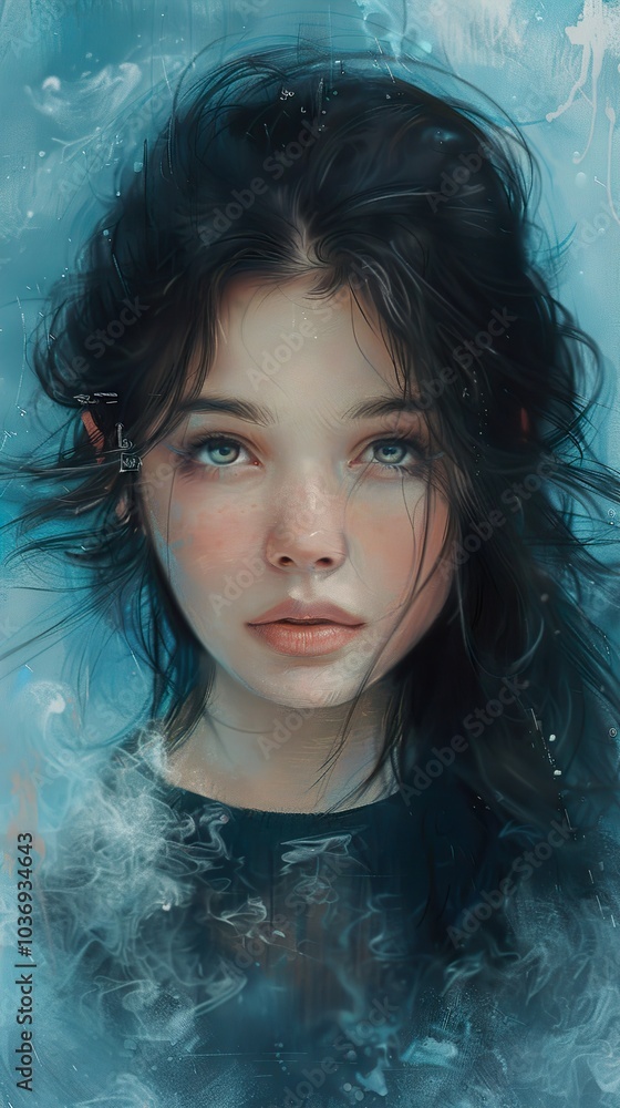 Portrait of a Woman with Blue Eyes and Long Black Hair Portrait of a Woman with Blue Eyes and Long Black Hair