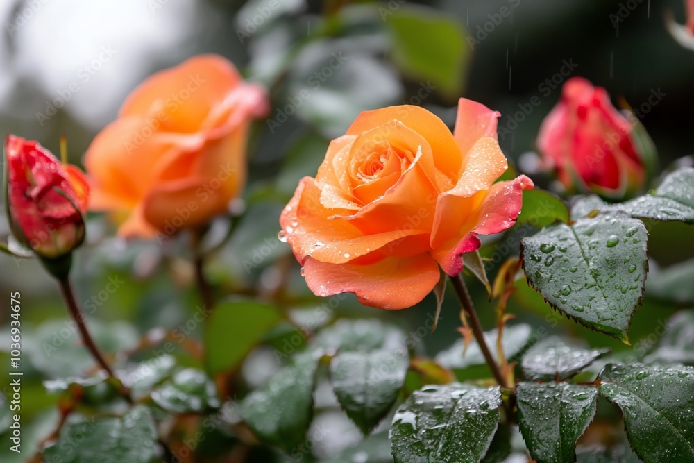 A close-up of orange roses with raindrops on lush green leaves. A close-up of orange roses with raindrops on lush green leaves.
