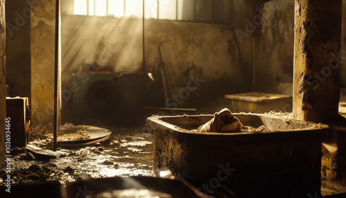 The nativity of Jesus in a humble Bethlehem shed filled with warm light