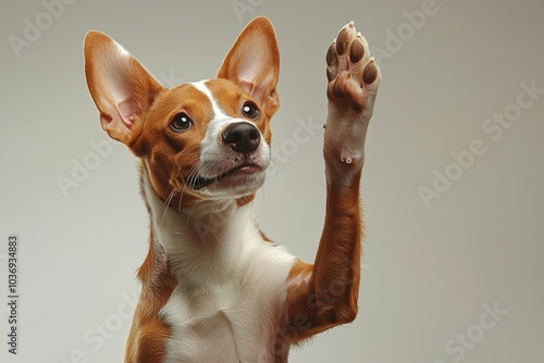 Adorable brown and white basenji dog smiling and giving a high five isolated on white , isolated on white background,  , copy space for text,