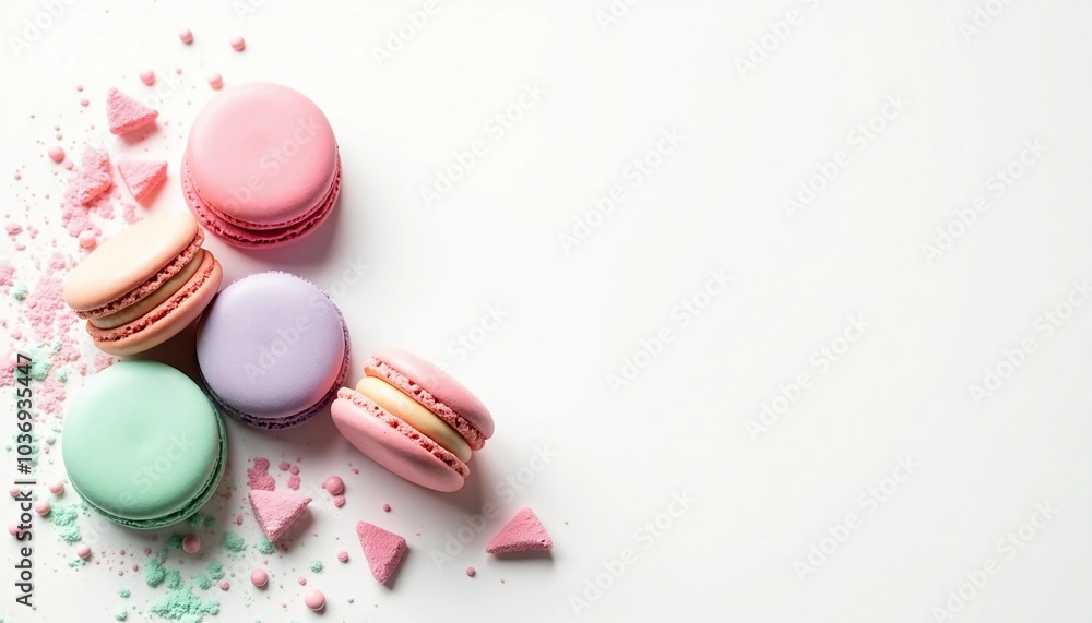 Fototapeta premium Colorful pastel macarons with crushed pieces on white background 