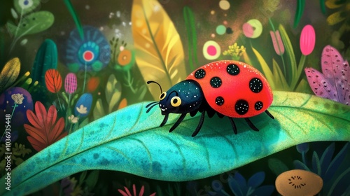 Vibrant Ladybug on Leaf in Colorful Garden Scene